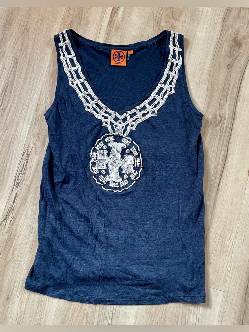 Tory Burch Navy Tank with White Beaded Medallion